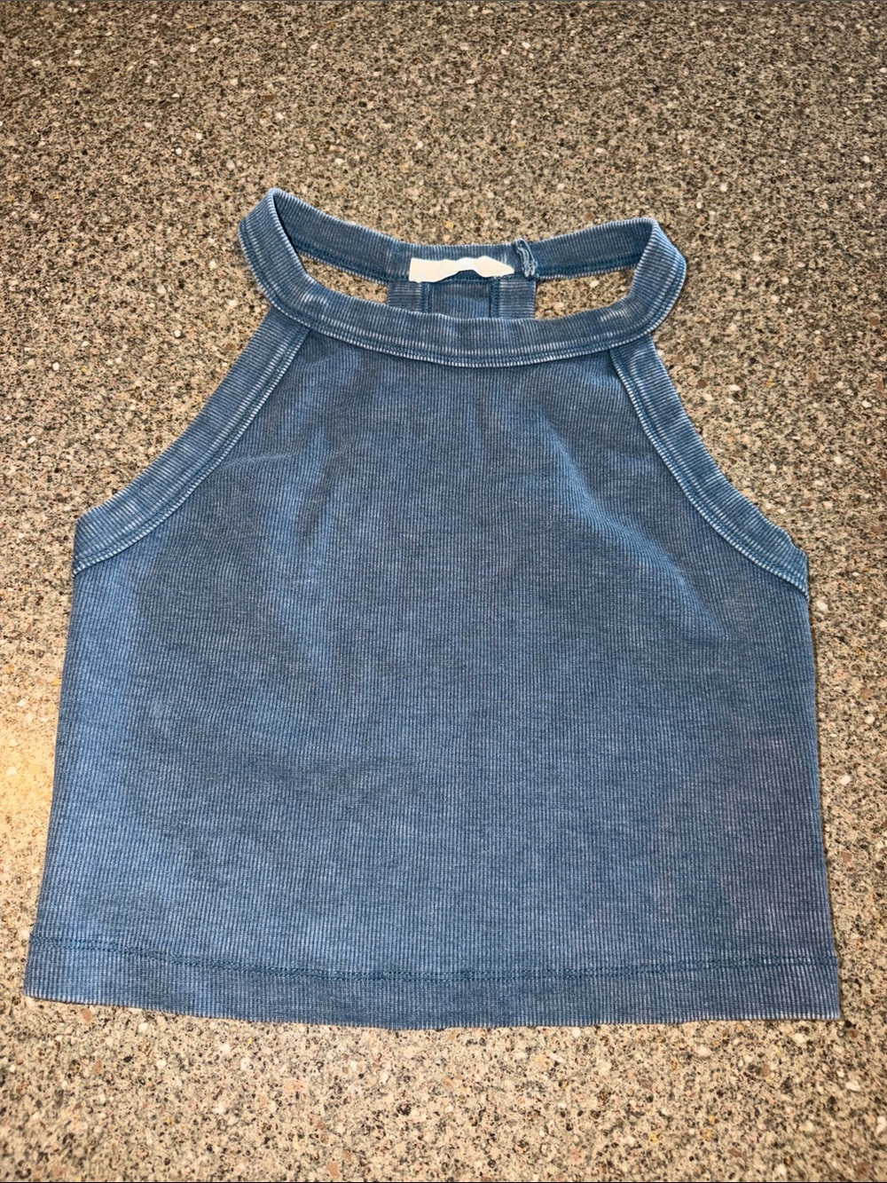 Rae Mode High-Neck Ribbed Halter Crop Top in Denim Blue